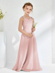 V-neck Ruched Floor-length Junior Bridesmaid Dresses Dusty Rose