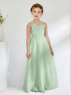 V-neck Ruched Floor-length Junior Bridesmaid Dresses Dusty Sage