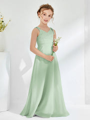 V-neck Ruched Floor-length Junior Bridesmaid Dresses Dusty Sage