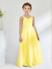 V-neck Ruched Floor-length Junior Bridesmaid Dresses Lemon