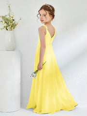 V-neck Ruched Floor-length Junior Bridesmaid Dresses Lemon