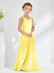 V-neck Ruched Floor-length Junior Bridesmaid Dresses Lemon