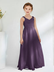 V-neck Ruched Floor-length Junior Bridesmaid Dresses Plum