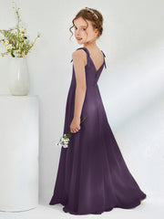 V-neck Ruched Floor-length Junior Bridesmaid Dresses Plum