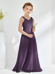 V-neck Ruched Floor-length Junior Bridesmaid Dresses Plum