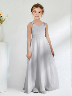 V-neck Ruched Floor-length Junior Bridesmaid Dresses Silver