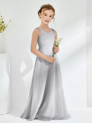 V-neck Ruched Floor-length Junior Bridesmaid Dresses Silver