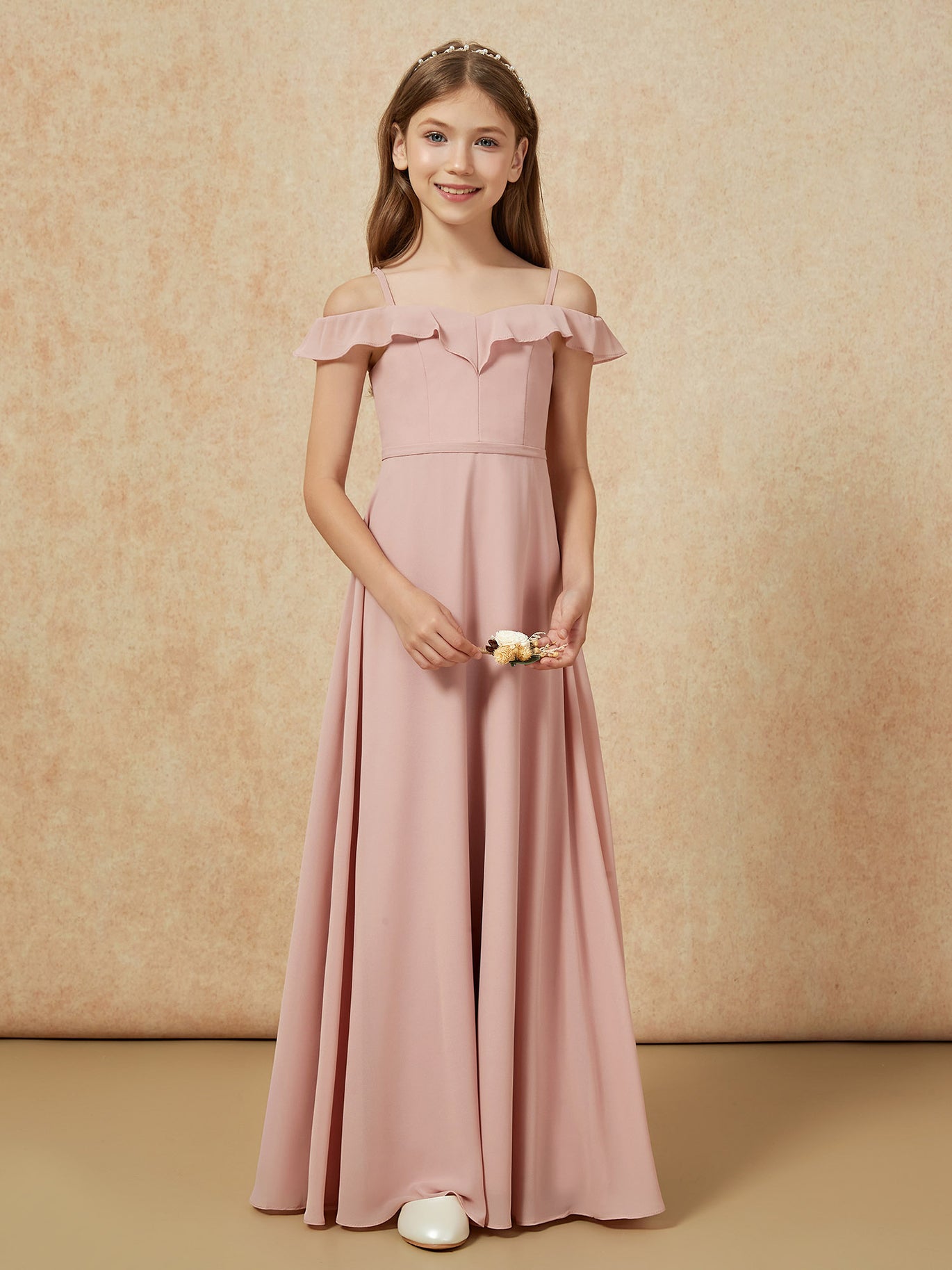 BABARONI Scoop Neck Pleated Long Junior Bridesmaid Dresses Pearl Pink, Pearl Pink / J4 BABARONI Scoop Neck Pleated Long Junior Bridesmaid Dresses Pearl Pink, Pearl Pink / J4