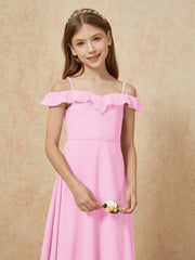 Off-the-shoulder A-Line Junior Bridesmaid Dresses Candy Pink