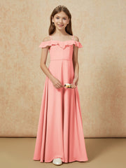 Off-the-shoulder A-Line Junior Bridesmaid Dresses Coral