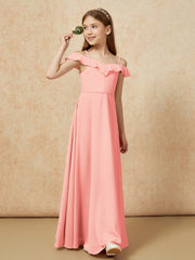 Off-the-shoulder A-Line Junior Bridesmaid Dresses Coral