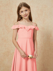 Off-the-shoulder A-Line Junior Bridesmaid Dresses Coral