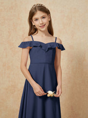 Off-the-shoulder A-Line Junior Bridesmaid Dresses Dark Navy
