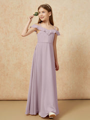 Off-the-shoulder A-Line Junior Bridesmaid Dresses Dusk
