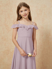 Off-the-shoulder A-Line Junior Bridesmaid Dresses Dusk