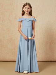 Off-the-shoulder A-Line Junior Bridesmaid Dresses Dusty Blue