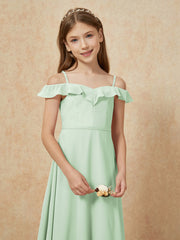 Off-the-shoulder A-Line Junior Bridesmaid Dresses Dusty Sage