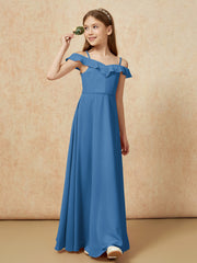 Off-the-shoulder A-Line Junior Bridesmaid Dresses Ink Blue