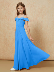 Off-the-shoulder A-Line Junior Bridesmaid Dresses Ocean Blue