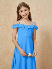 Off-the-shoulder A-Line Junior Bridesmaid Dresses Ocean Blue