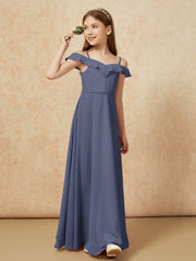 Off-the-shoulder A-Line Junior Bridesmaid Dresses Stormy