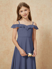 Off-the-shoulder A-Line Junior Bridesmaid Dresses Stormy
