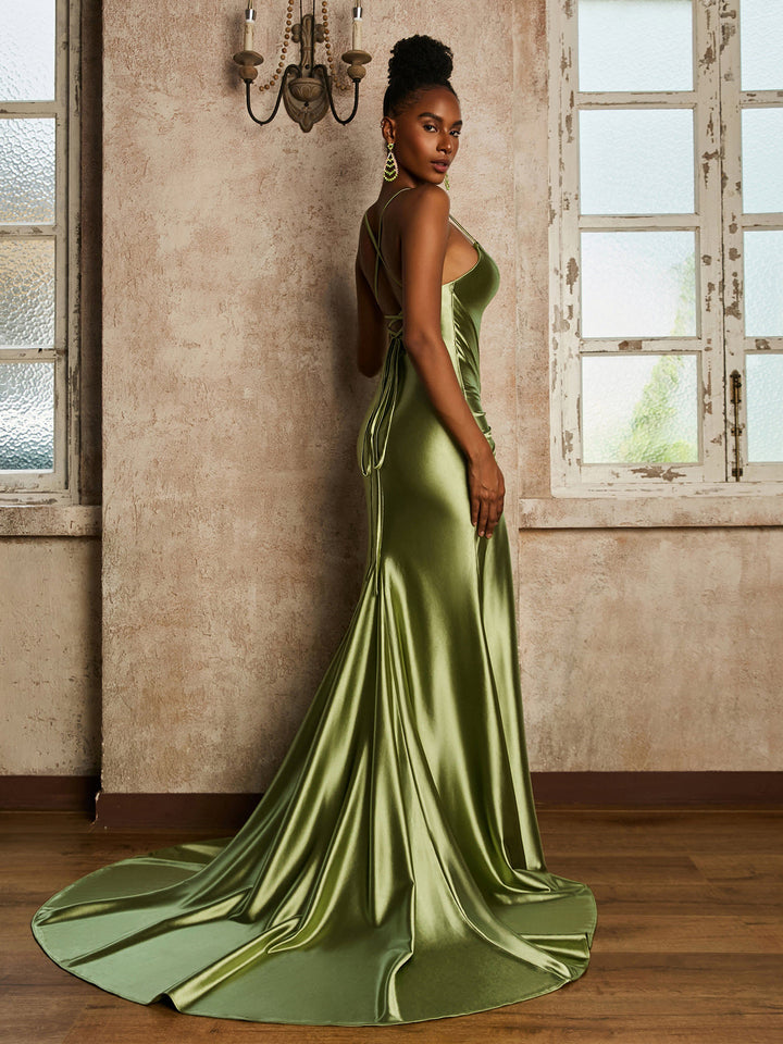 Satin Cowl Neck Mermaid Dress Dusty Sage Plus Size