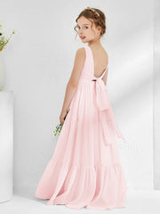 Sleeveless Chiffon Junior Bridesmaid Dresses with Bow Blushing Pink