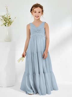 Sleeveless Chiffon Junior Bridesmaid Dresses with Bow Dusty Blue