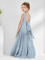 Sleeveless Chiffon Junior Bridesmaid Dresses with Bow Dusty Blue