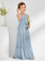 Sleeveless Chiffon Junior Bridesmaid Dresses with Bow Dusty Blue