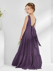 Sleeveless Chiffon Junior Bridesmaid Dresses with Bow Plum