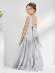 Sleeveless Chiffon Junior Bridesmaid Dresses with Bow Silver