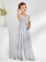Sleeveless Chiffon Junior Bridesmaid Dresses with Bow Silver