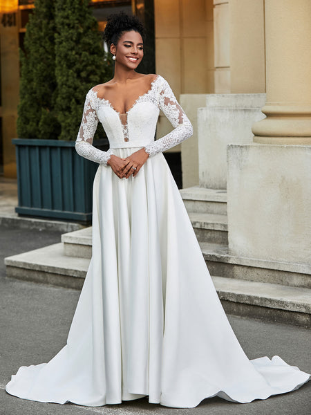 BABARONI Satin Ivory Wedding Dresses A-line Deep V-Neck Long Sleeve Lace  Sash Sweep Train