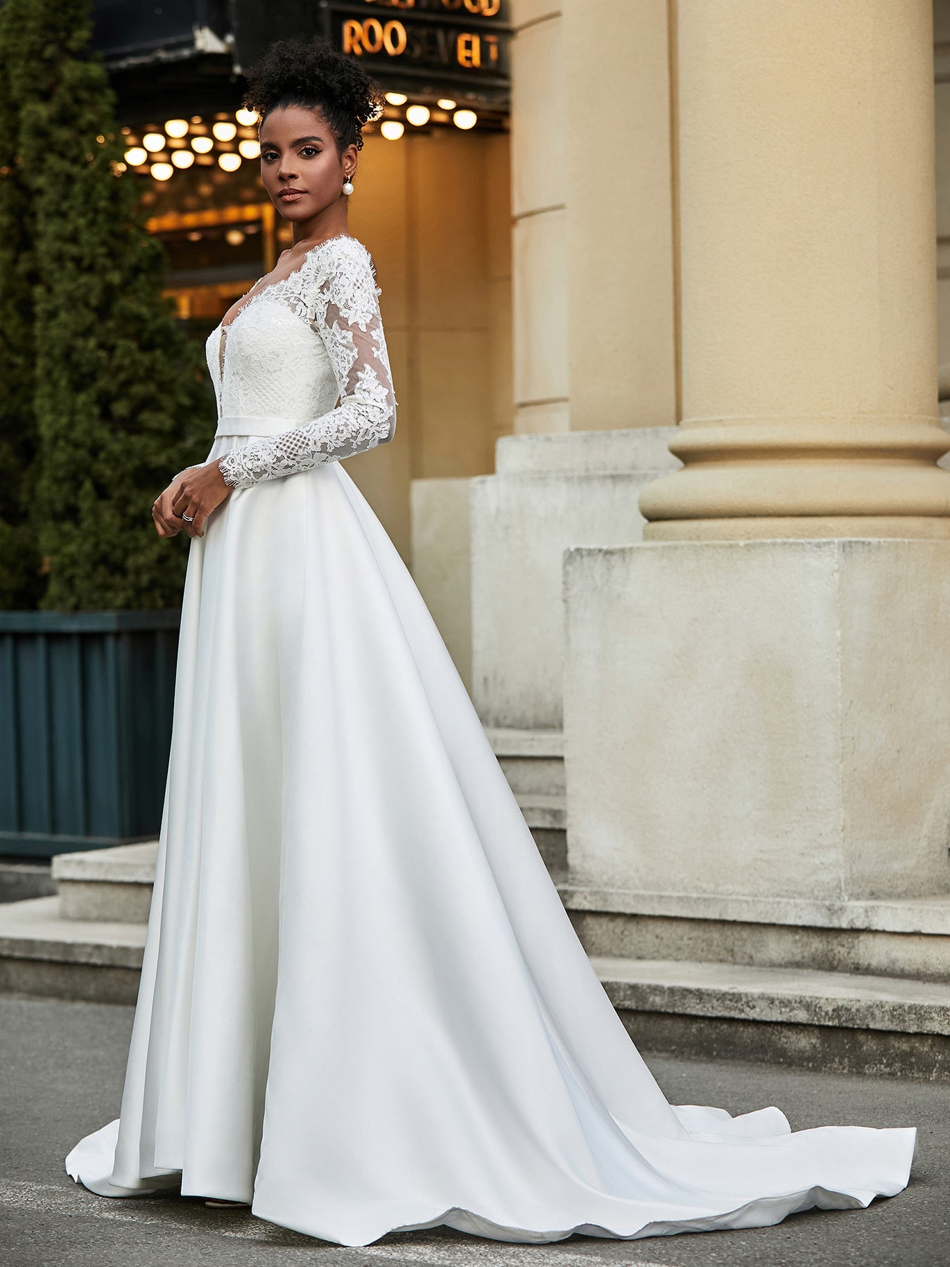 BABARONI Satin Ivory Wedding Dresses A-line Deep V-Neck Long Sleeve Lace  Sash Sweep Train