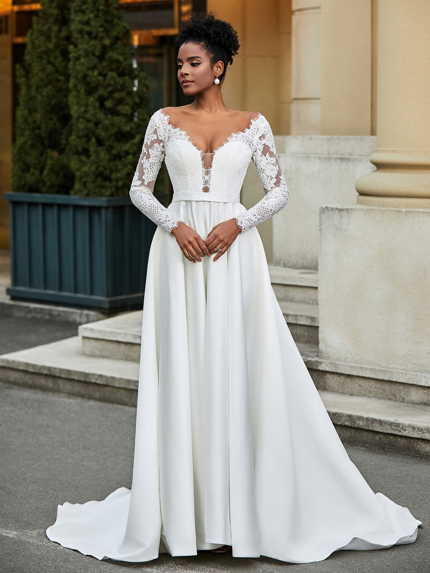 BABARONI Satin Ivory Wedding Dresses A-line Deep V-Neck Long Sleeve Lace  Sash Sweep Train