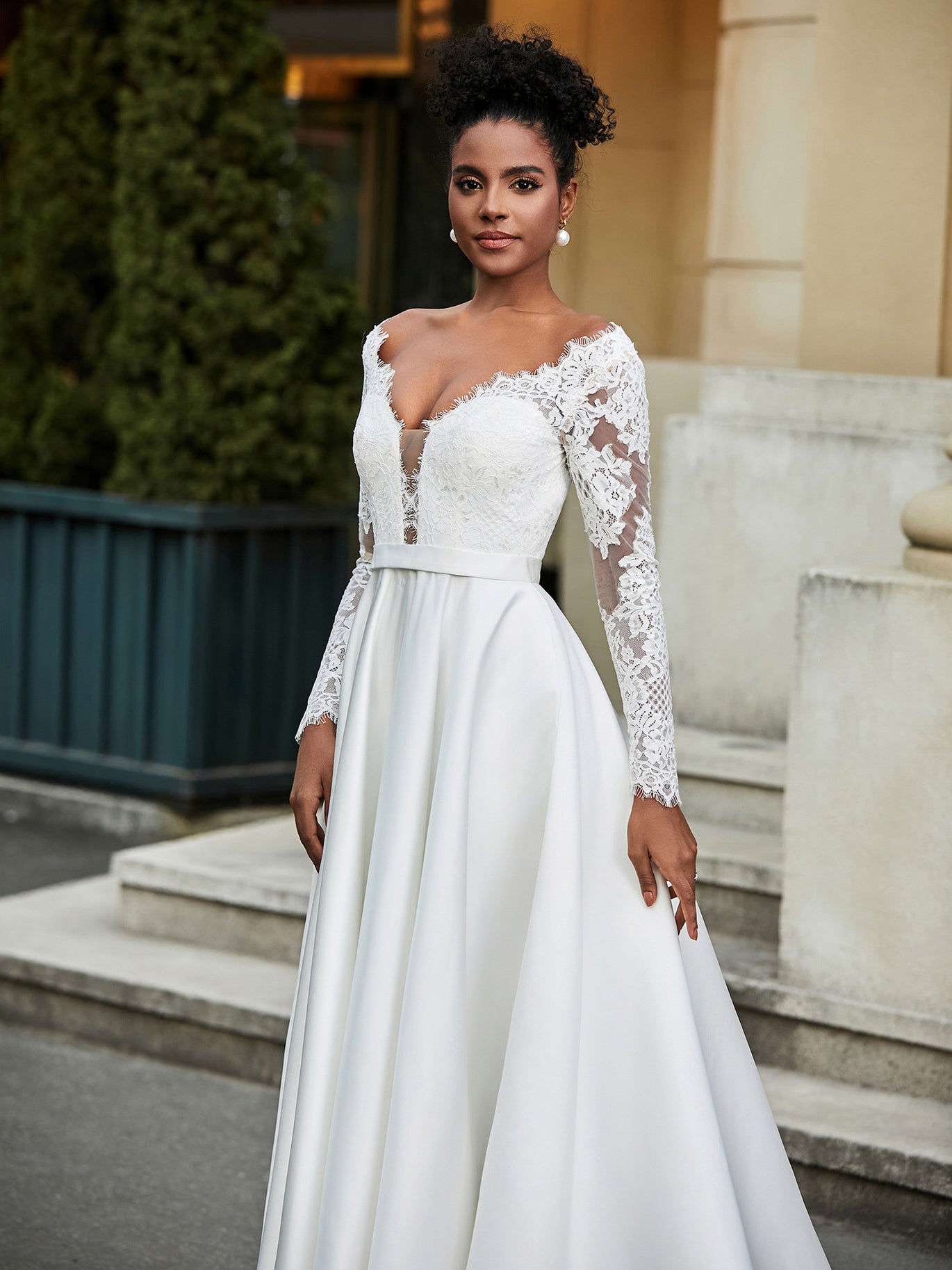 BABARONI Satin Ivory Wedding Dresses A-line Deep V-Neck Long Sleeve Lace  Sash Sweep Train