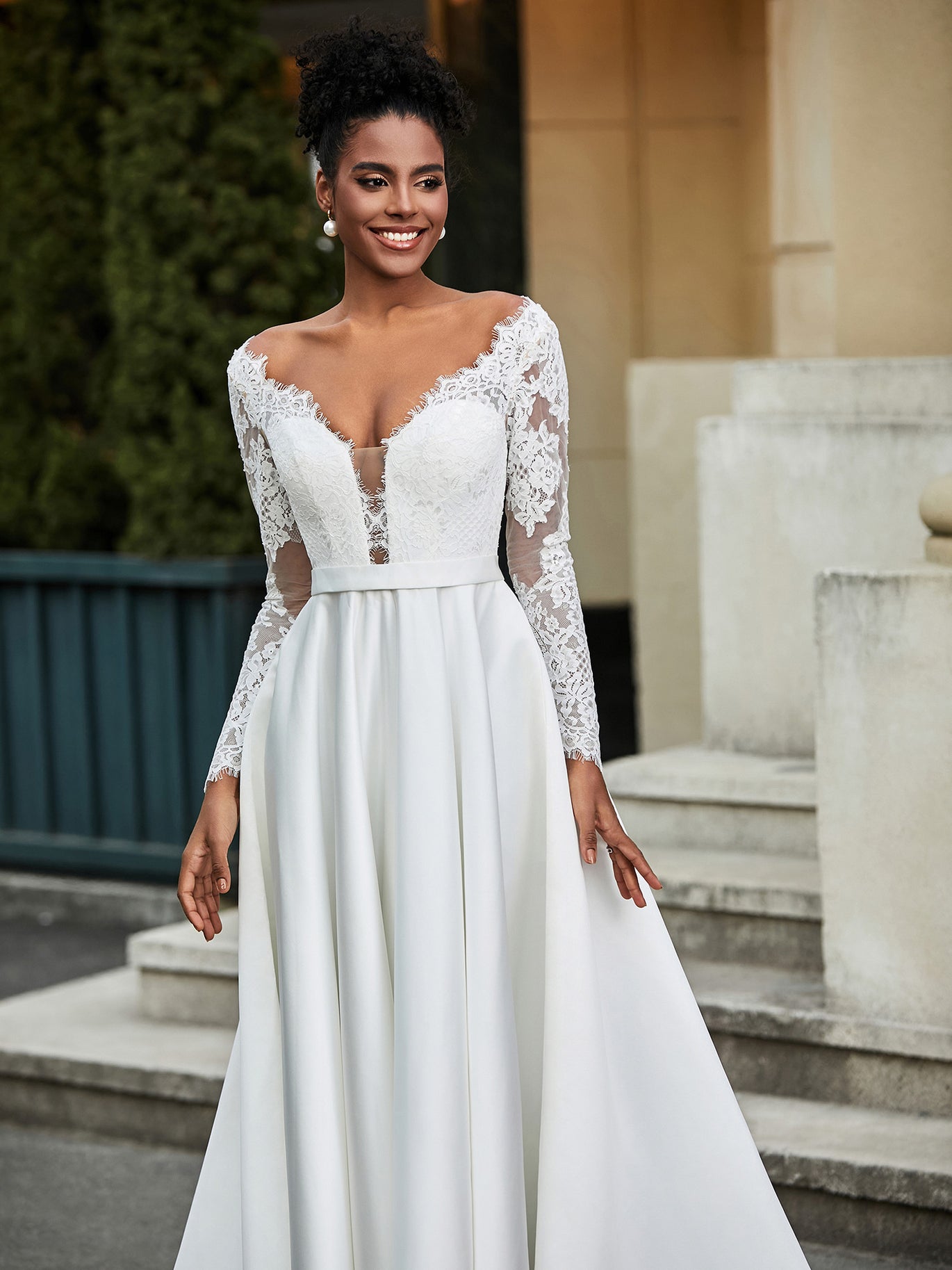 BABARONI Satin Ivory Wedding Dresses A-line Deep V-Neck Long Sleeve Lace Sash Sweep Train BABARONI Satin Ivory Wedding Dresses A-line Deep V-Neck Long Sleeve Lace Sash Sweep Train