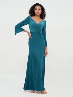 V neck Mermaid Velvet Max Dresses with Sleeves Ink Blue