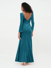 V neck Mermaid Velvet Max Dresses with Sleeves Ink Blue Plus Size