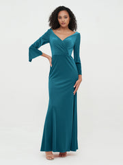 V neck Mermaid Velvet Max Dresses with Sleeves Ink Blue Plus Size
