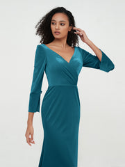 V neck Mermaid Velvet Max Dresses with Sleeves Ink Blue Plus Size