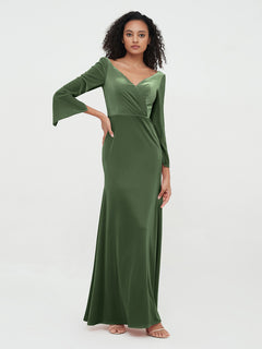 V neck Mermaid Velvet Max Dresses with Sleeves Olive Green