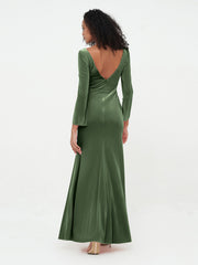V neck Mermaid Velvet Max Dresses with Sleeves Olive Green