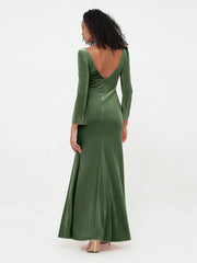 V neck Mermaid Velvet Max Dresses with Sleeves Olive Green Plus Size