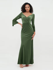 V neck Mermaid Velvet Max Dresses with Sleeves Olive Green