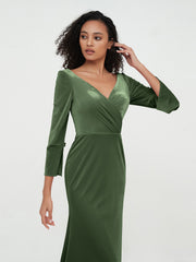 V neck Mermaid Velvet Max Dresses with Sleeves Olive Green