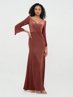 V neck Mermaid Velvet Max Dresses with Sleeves Terracotta Plus Size