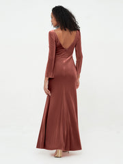V neck Mermaid Velvet Max Dresses with Sleeves Terracotta Plus Size